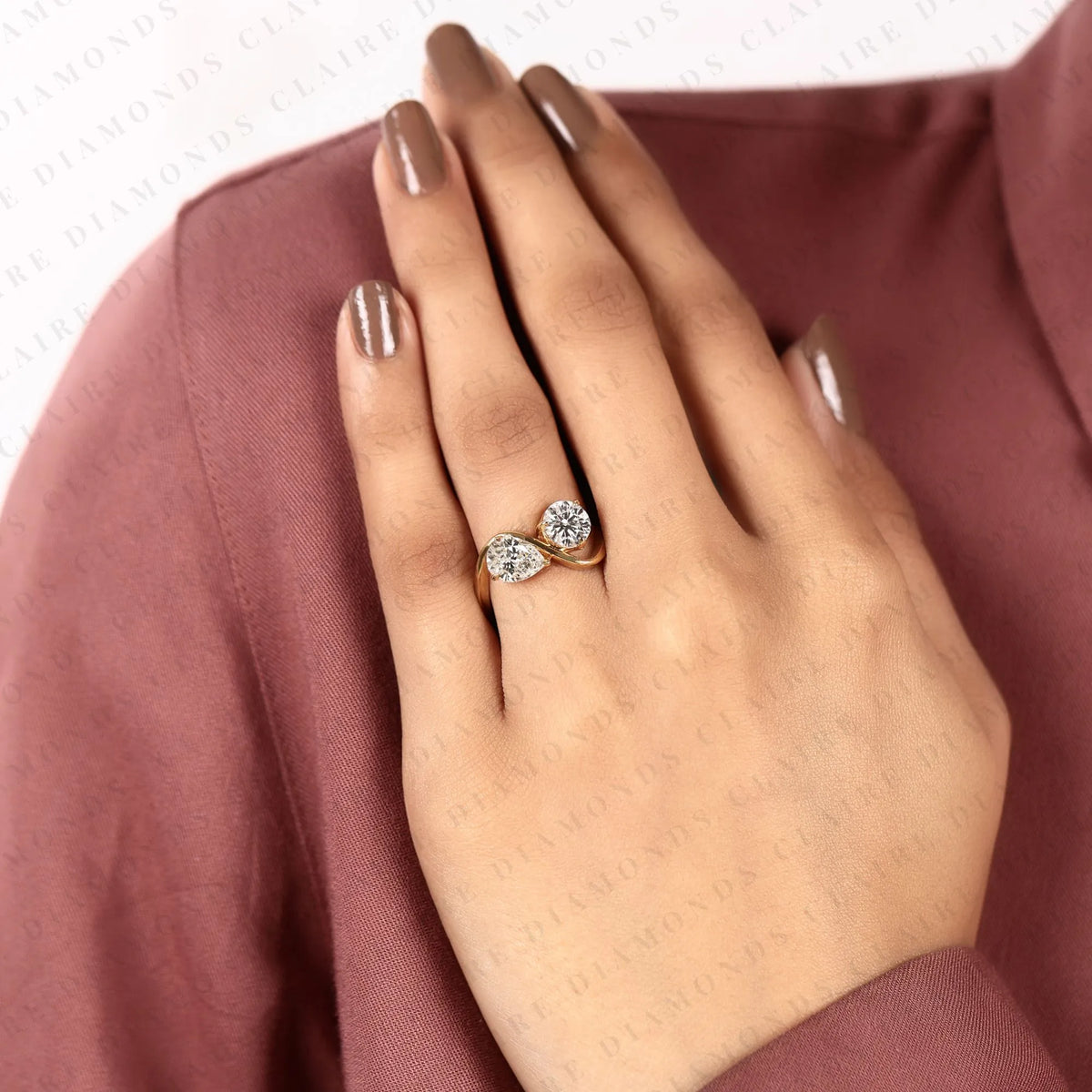 2.05 tcw round & pear cut toi et moi lab grown diamond engagement ring | two stone bypass gold ring | elegant modern bridal jewelry