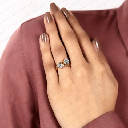 2.05 TCW Round & Pear Cut Toi et Moi Lab Grown Diamond Engagement Ring | Two Stone Bypass Gold Ring | Elegant Modern Bridal Jewelry