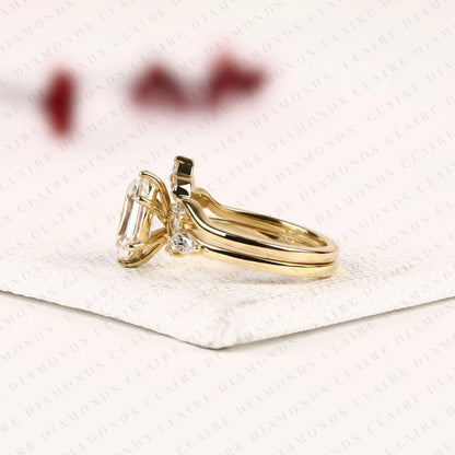Hexagon Step Cut Lab Grown Diamond Engagement Ring | Yellow Gold Botanical Vine Band | Floral Bridal Ring Set | Unique Wedding Jewelry