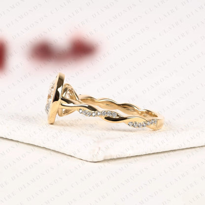 Round Lab Grown Diamond Bezel Engagement Ring | Yellow Gold Nature-Inspired Twisted Diamond Band