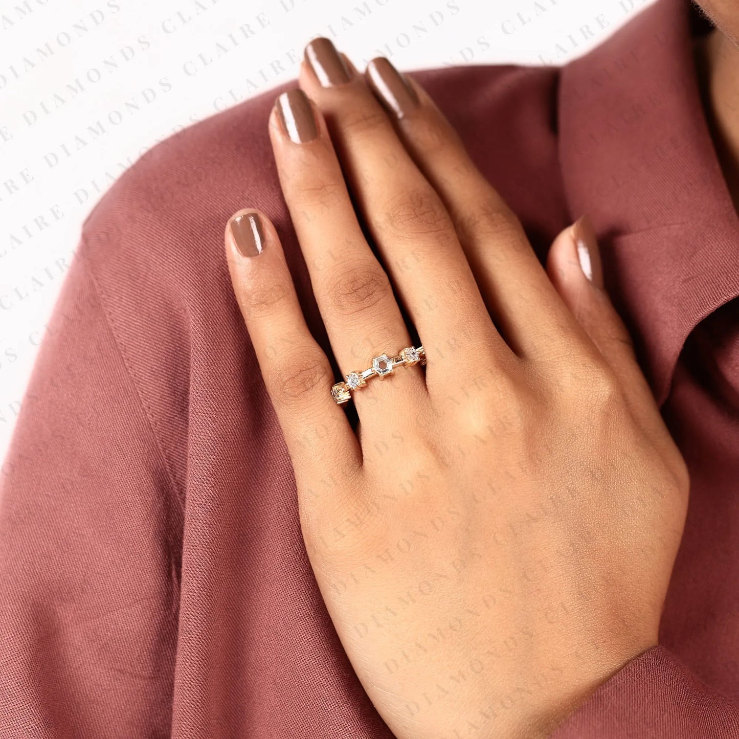 0.61 tcw octagon cut moissanite ring with round accent stones in solid gold | modern open band for women