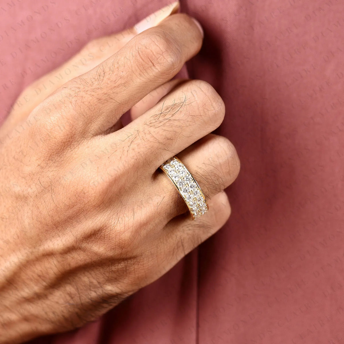 round cut lab grown diamond eternity wedding band | double row pave diamond wedding ring | yellow gold full eternity anniversary band | luxury jewelry