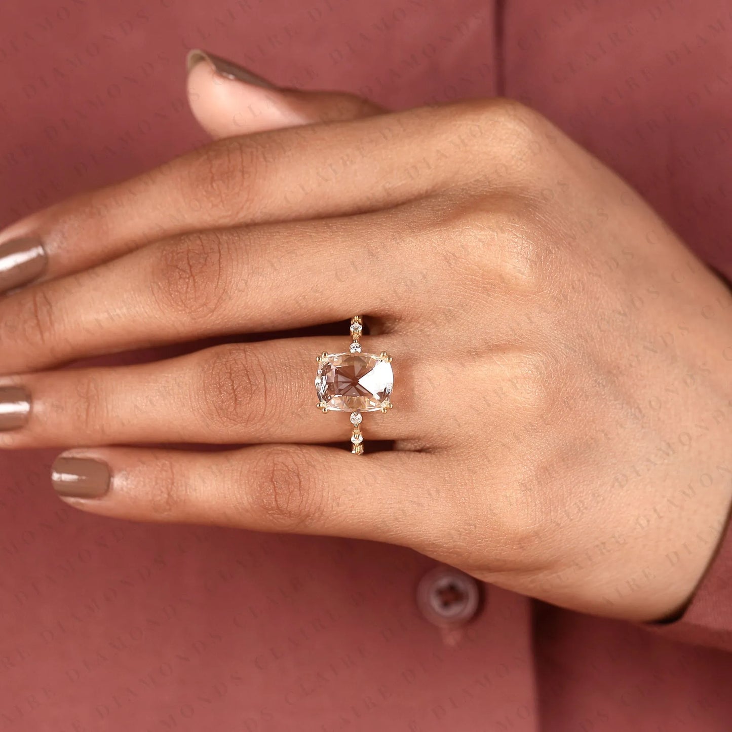 cushion rose cut lab grown diamond engagement ring | yellow gold beaded vine band with four-prong setting
