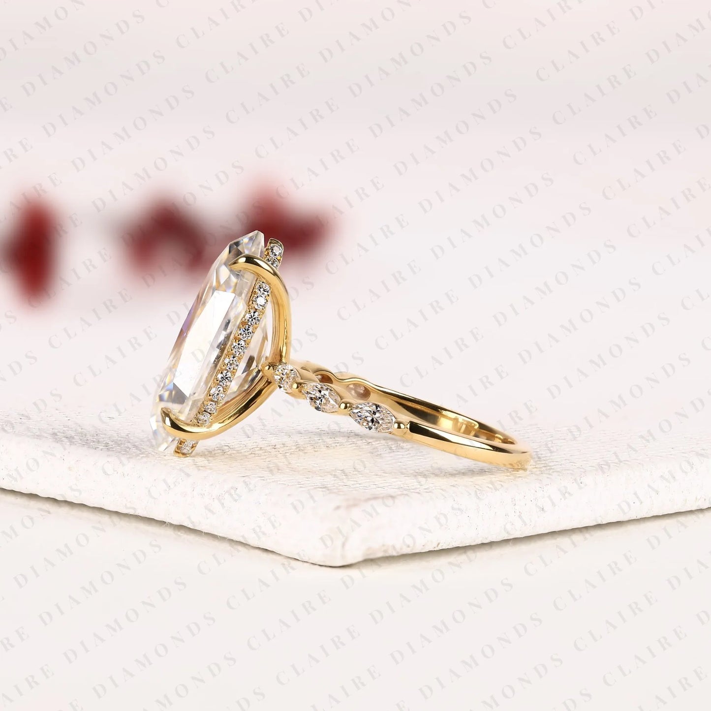 unique dutch marquise moissanite diamond hidden halo engagement ring | yellow gold botanical leaf four-prong setting