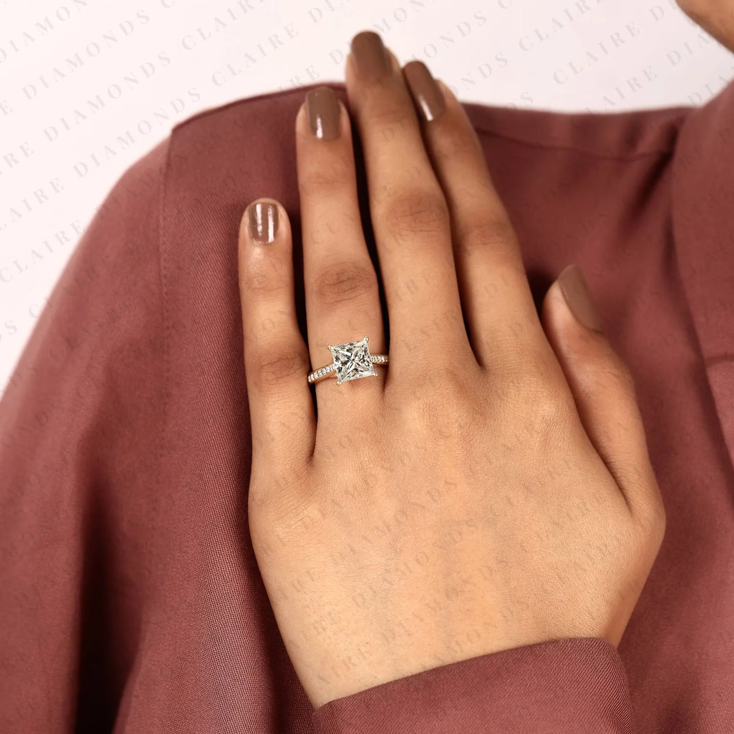 princess cut lab grown diamond engagement ring | classic yellow gold ring pave band