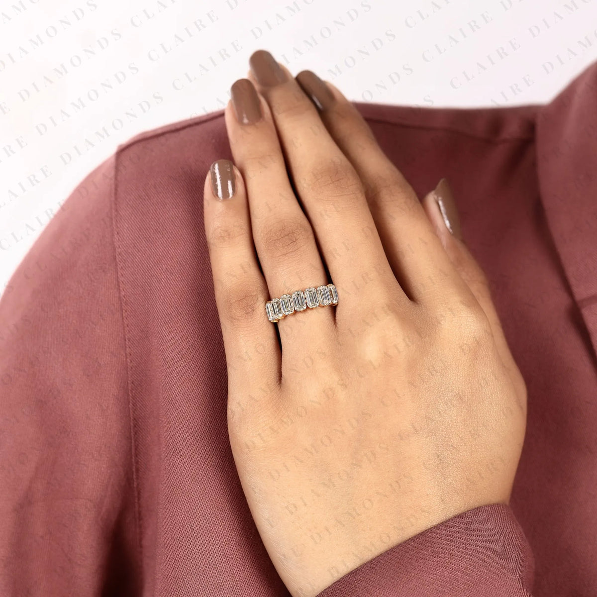 2.24 tcw emerald cut lab grown diamond half eternity wedding band | channel set emerald cut diamond | modern full eternity bridal band | elegant anniversary jewelry