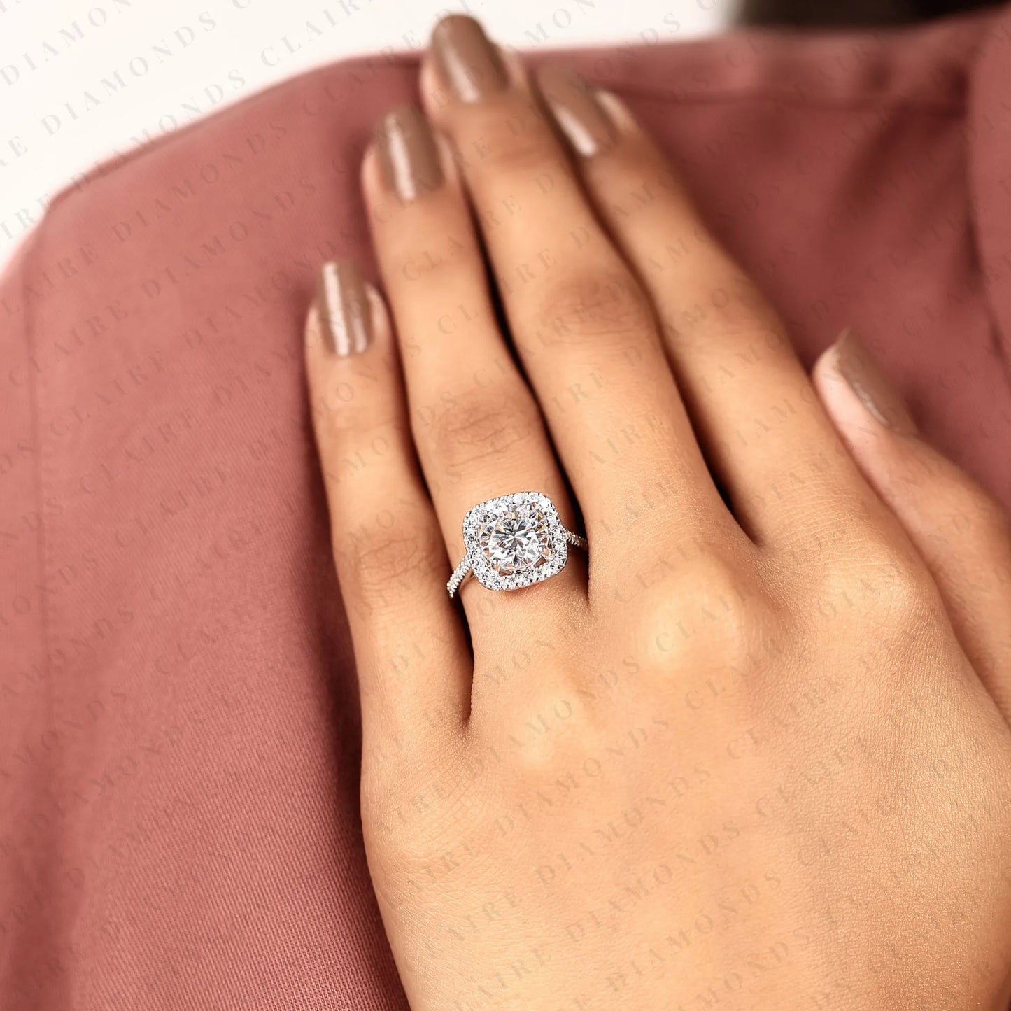 round cut lab grown diamond halo engagement ring in white gold | vintage cushion halo wedding ring | pave anniversary ring for women