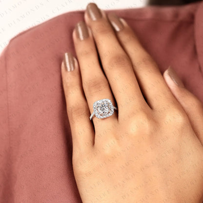 Round Cut Lab Grown Diamond Halo Engagement Ring in White Gold | Vintage Cushion Halo Wedding Ring | Pave Anniversary Ring for Women