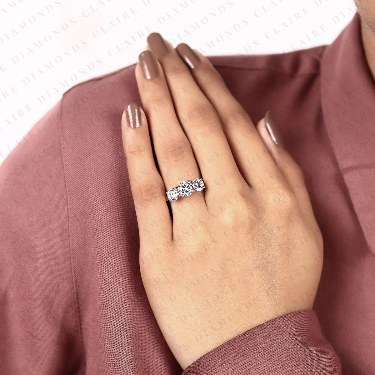classic round cut lab grown diamond three stone engagement ring | yellow gold bridal ring | elegant wedding jewelry