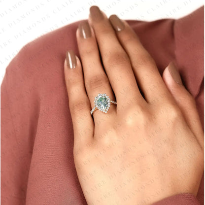 Blue Pear Cut Moissanite Diamond Halo Engagement Ring Vintage Inspired Pave Bridal Ring Unique Anniversary Ring for Women