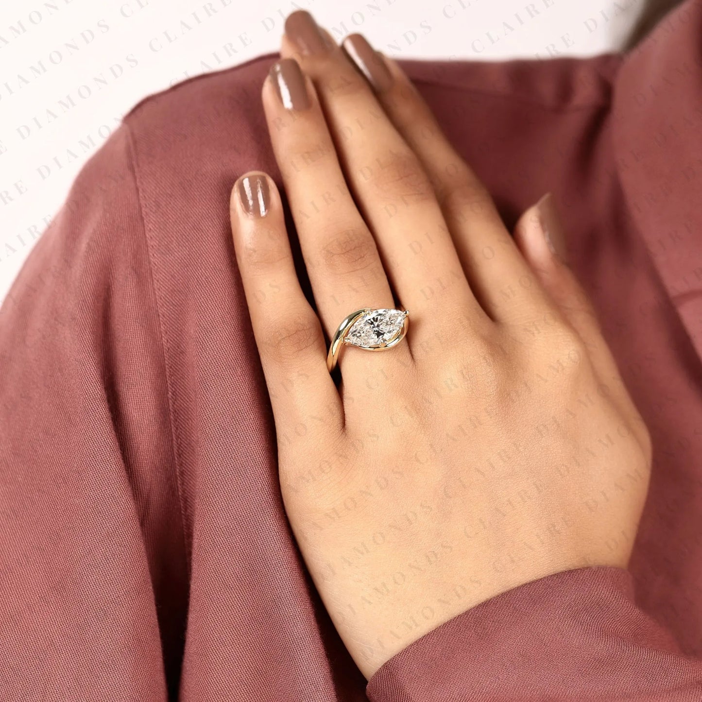 modern marquise cut lab grown diamond ring | east west diamond ring | elegant yellow gold solitaire engagement ring