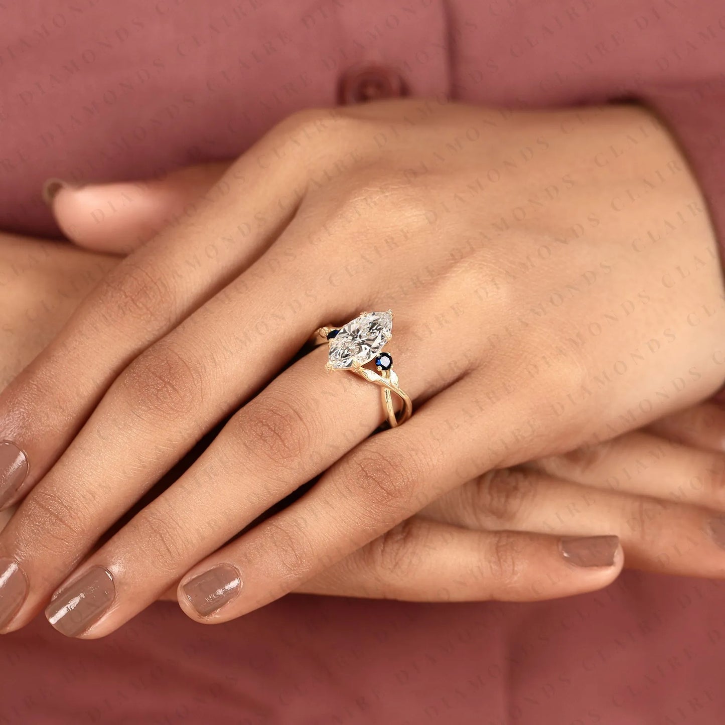 marquise moissanite diamond ring, nature inspired leaf engagement ring, vintage floral ring, sapphire gold promise ring