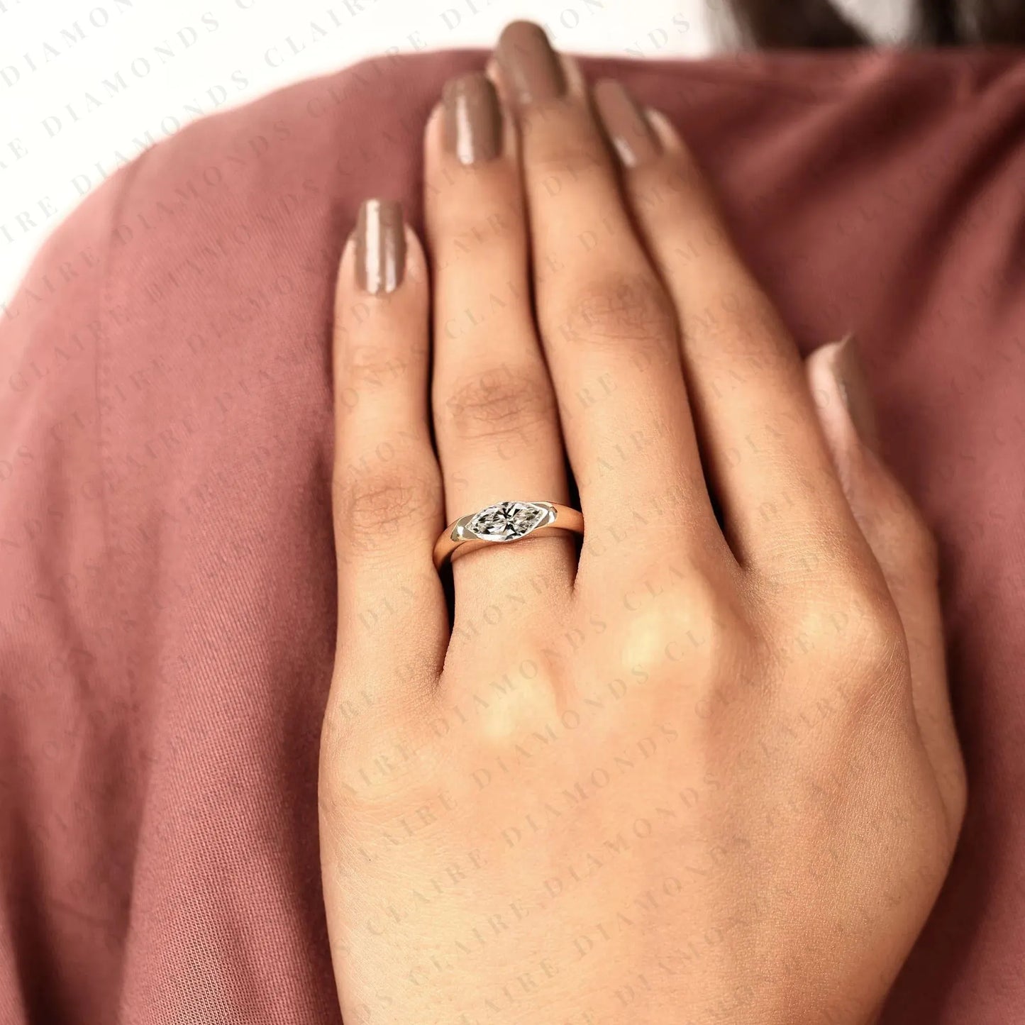 minimalist marquise cut solitaire lab grown diamond engagement ring in yellow gold | modern bezel-inspired promise ring for women.