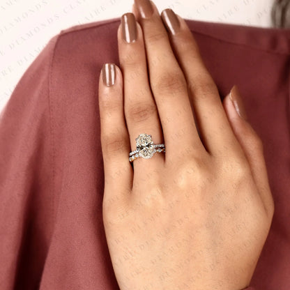 Oval Cut Lab Grown Diamond Engagement Ring Set | Yellow Gold Pavé Wedding Band | Two-Tone Bridal Ring Set