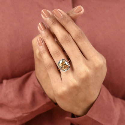 Old Mine Elongated Brown Cushion Cut Bezel Set  Solitaire Lab Grown Diamonds Engagement Ring – Modern Elegance with Warm Radiance