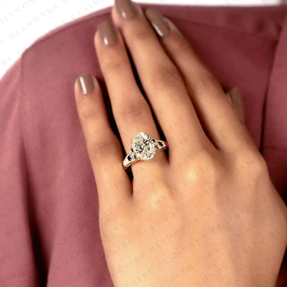 Oval Cut Lab Grown Diamond Engagement Ring | Vintage Art Deco Sapphire & Diamond Yellow Gold Ring