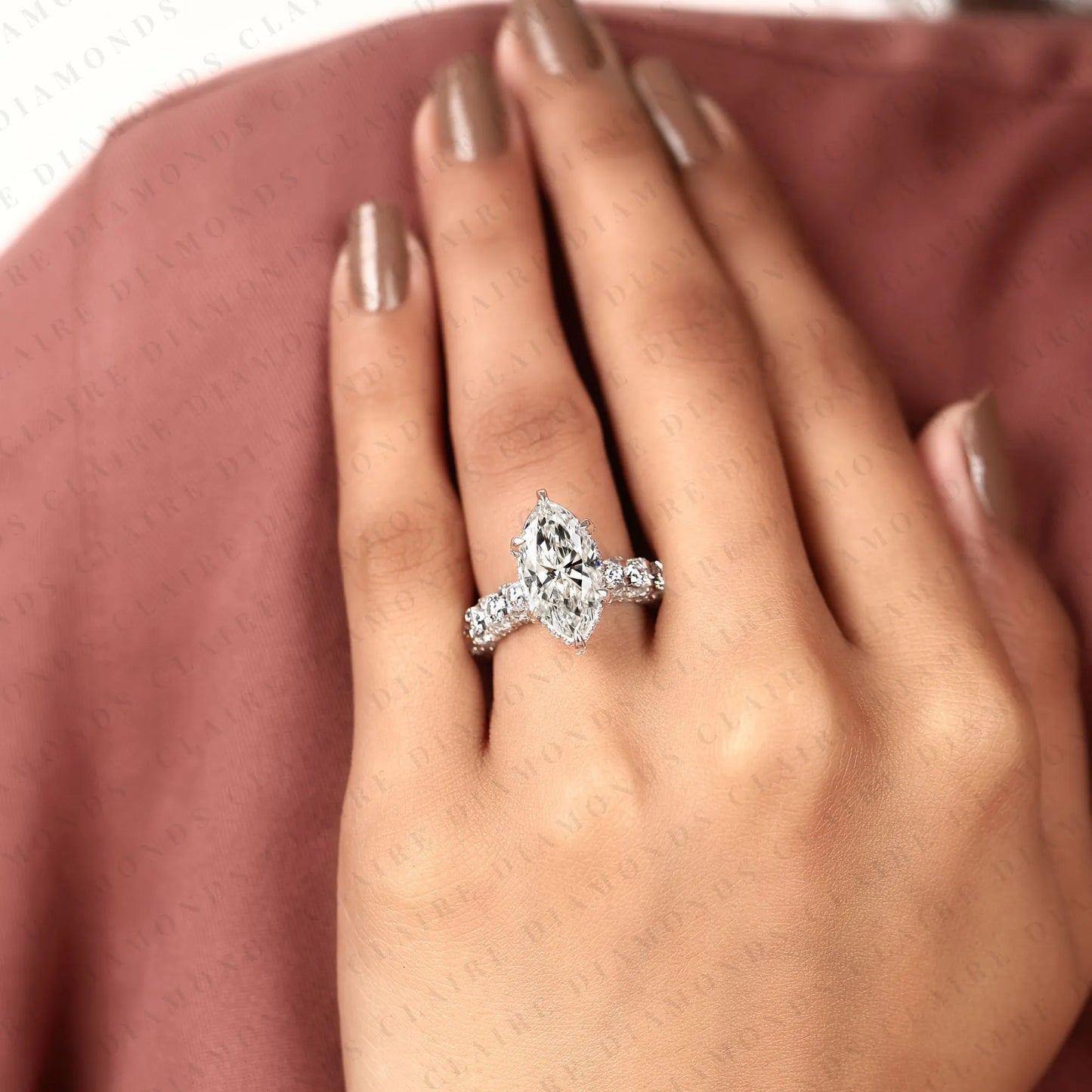 marquise cut lab grown diamond engagement ring, pavé diamond band, elegant white gold bridal ring, unique halo ring