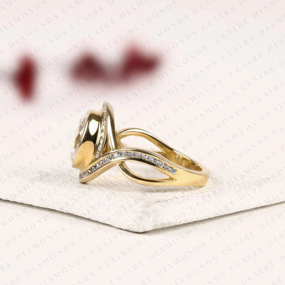 Oval Cut Lab Grown Diamond Engagement Ring | Pavé Bezel Halo Yellow Gold Bypass Ring | Twisted Split Shank Bridal Jewelry | Modern Statement Ring