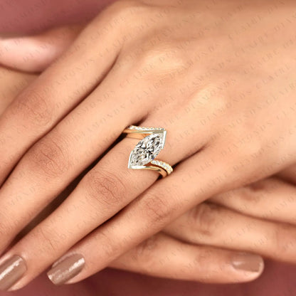 Marquise Lab Grown Diamond Bypass Ring Bezel Ring Modern Twisted Pave Bridal Ring Set