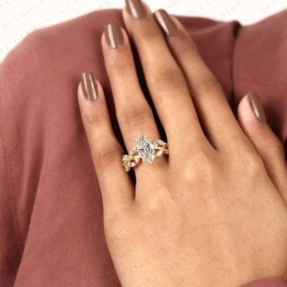Marquise Cut Nature Inspired Moissanite Diamonds Engagement Ring | Leaf Vine Lab Grown Diamond Ring in Gold | Floral Marquise Solitaire Ring | Vintage Botanical Bridal Jewelry