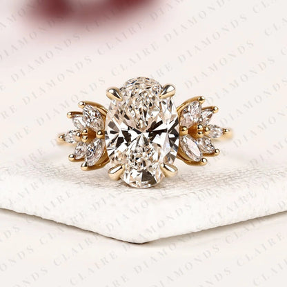 Oval Cut Lab Grown Diamond Engagement Ring | Floral Cluster Side Stone Ring | Yellow Gold Nature Inspired Bridal Jewelry | Elegant Statement Wedding Ring