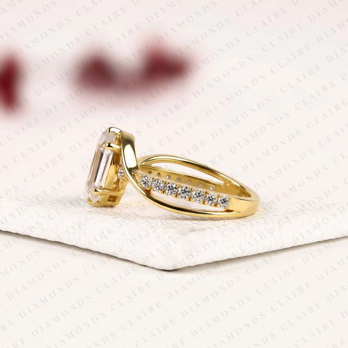 hexagon step cut lab grown diamond engagement ring | yellow gold bypass split shank pavé ring | modern geometric bridal jewelry | unique statement ring