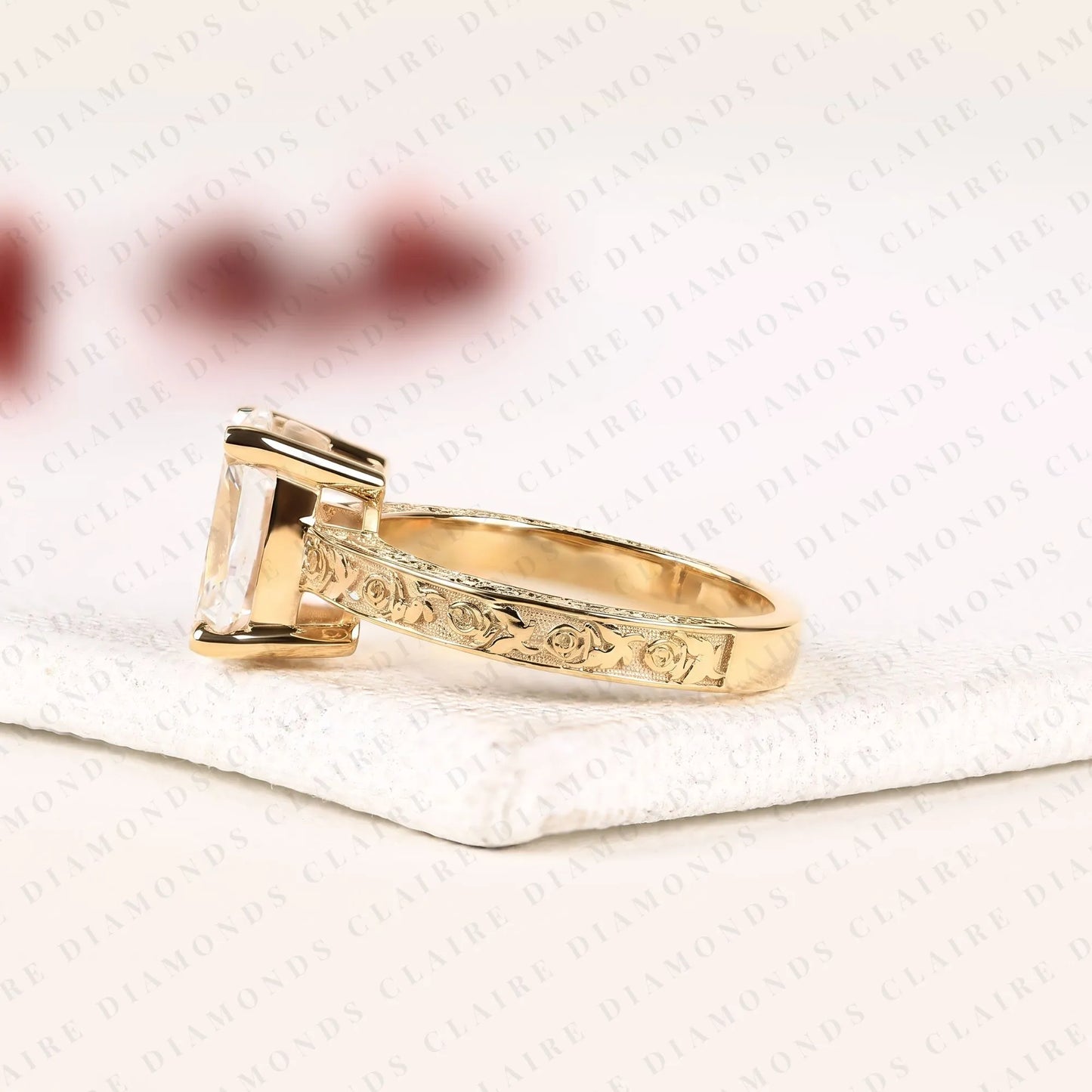 vintage old mine cushion cut solitaire lab grown diamond ring | floral engraved yellow gold engagement ring