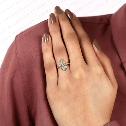 Marquise Cut Moissanite Diamond Engagement Ring Floral Halo Gold Vintage Inspired Wedding Ring