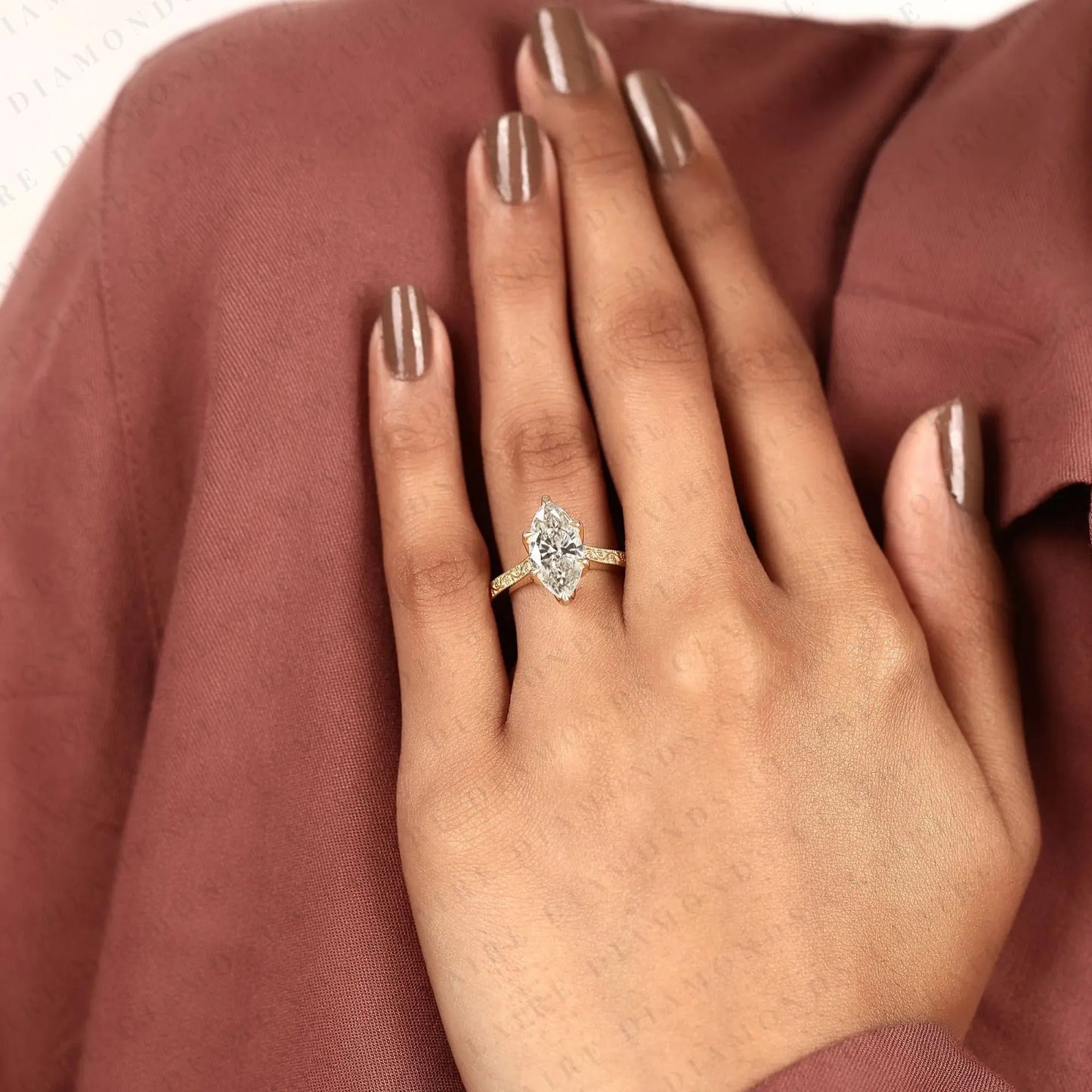 marquise cut lab grown diamond engagement ring, vintage engraved gold solitaire ring, igi certified diamond ring, unique bridal jewelry