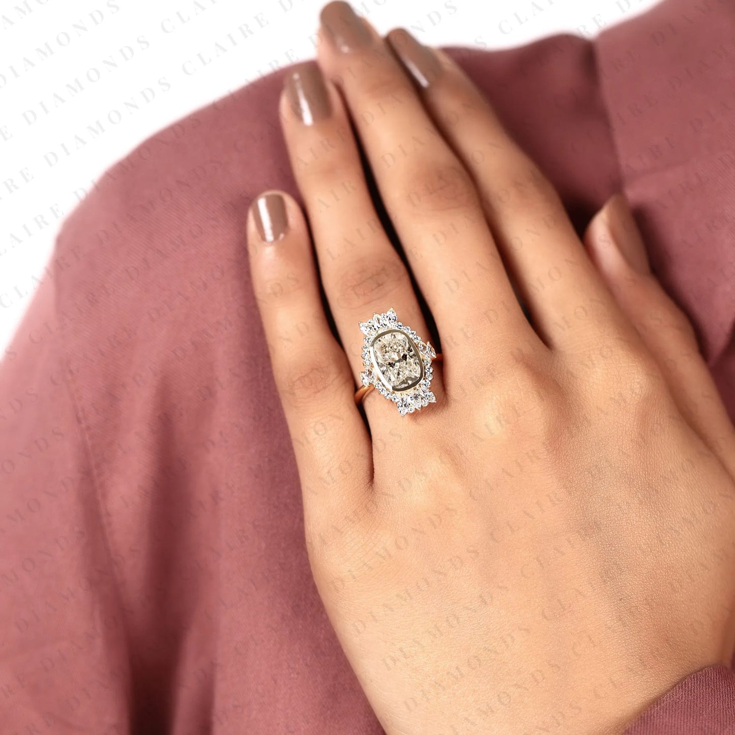 elongated cushion cut lab grown diamond halo engagement ring, yellow gold floral halo bridal ring, unique diamond ring