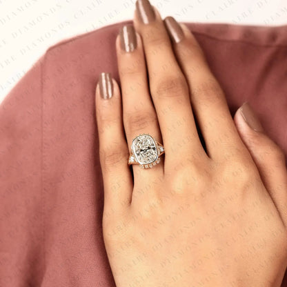 Vintage Elongated Cushion Cut Lab Grown Diamond Engagement Ring | Milgrain Bezel Set Statement Ring | Unique Gold Anniversary Ring for Women