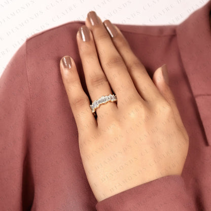 2.00 TCW Baguette Cut Moissanite Half Eternity Band in Solid Gold | Modern Alternating Baguette Stone Ring, Stackable Anniversary Band for Women