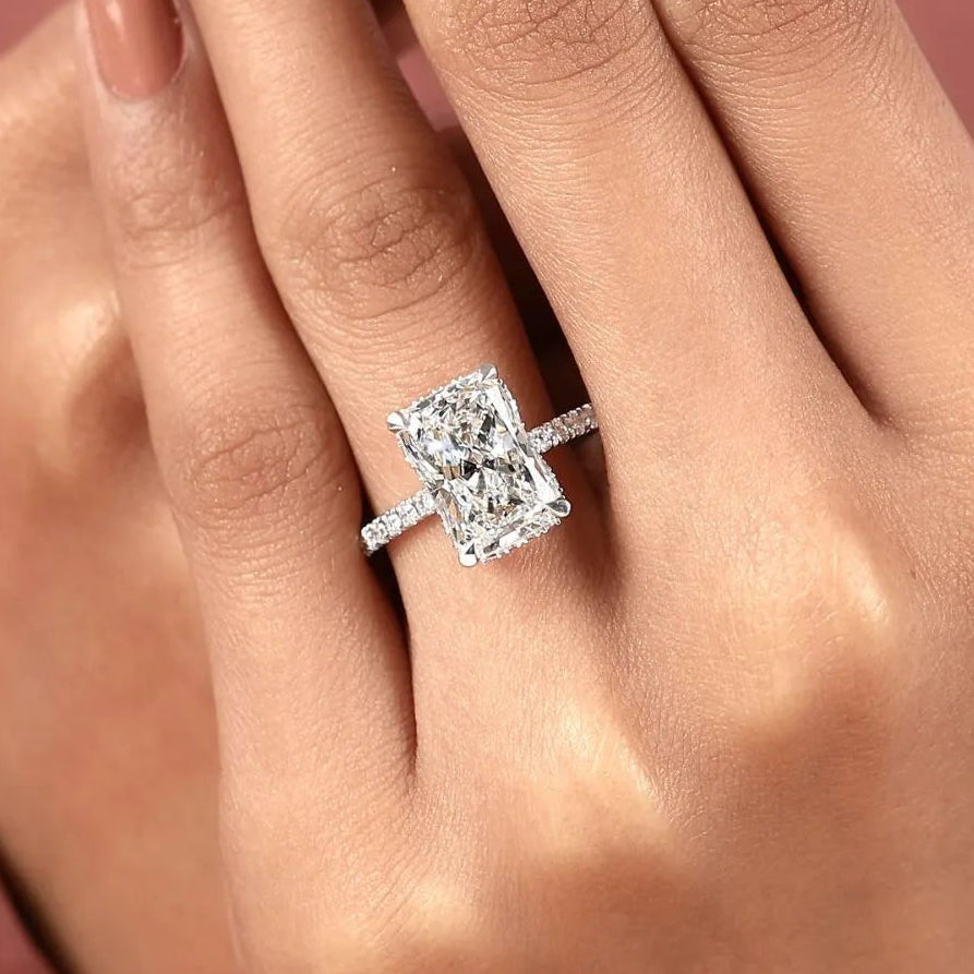 radiant cut hidden halo lab grown diamonds engagement ring with pavé band – luxurious brilliance for your forever