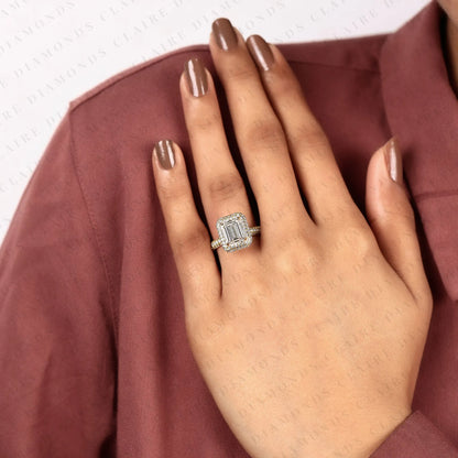 Emerald Cut Moissanite Diamond Halo Engagement Ring, Double Pavé Halo Yellow Gold Bridal Ring, Luxury Statement Ring