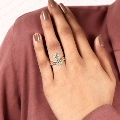 Marquise Cut Lab Grown Diamond Chevron Bridal Ring Set in Gold, Curved Band, Yellow Gold Ring, Engagement Ring for Women
