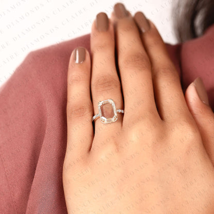 Portrait Cut Lab Grown Diamond Hidden Halo Engagement Ring | Yellow Gold Pave Band Four-Prong Basket Setting