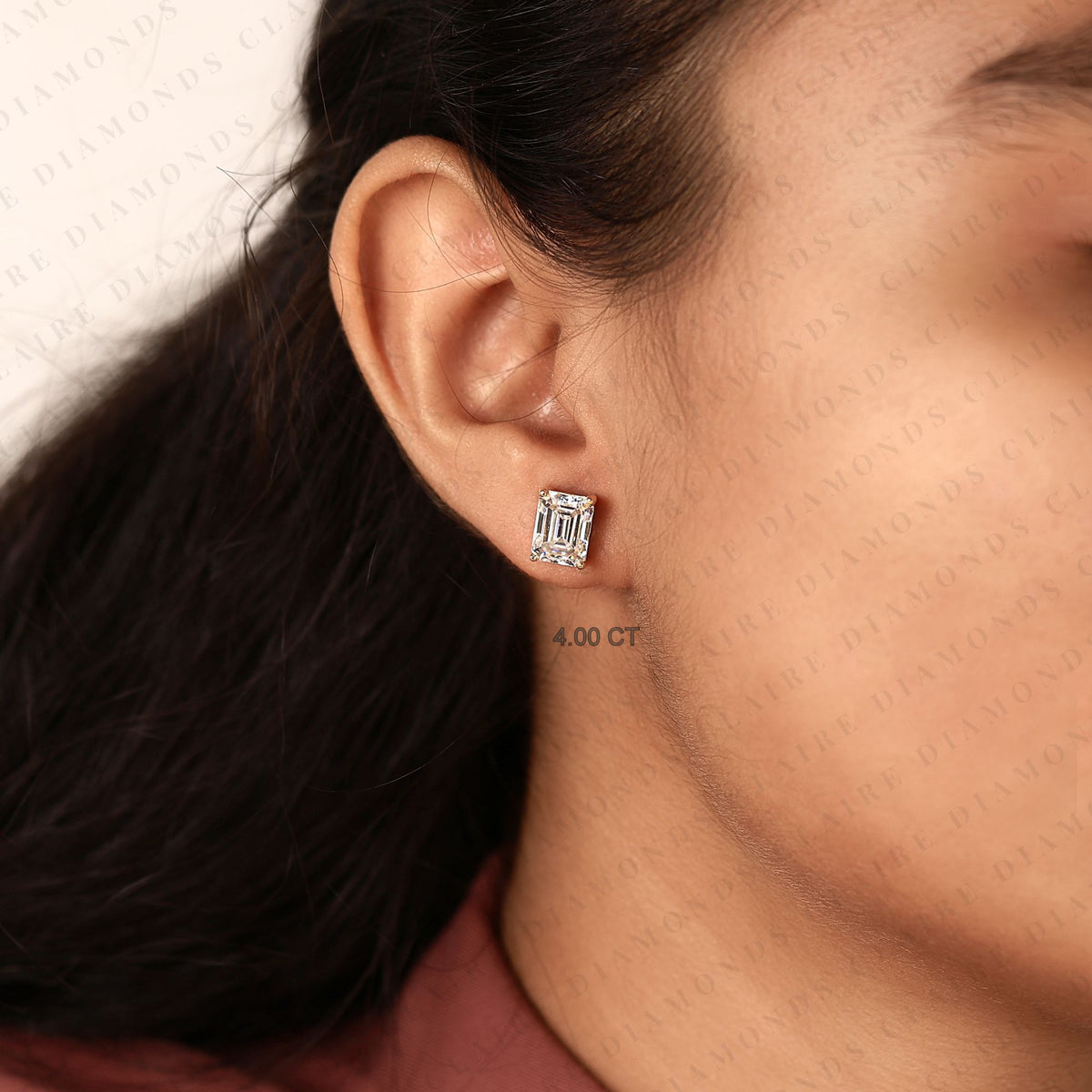 emerald cut moissanite diamond stud solitaire earrings, elegant diamond studs, modern minimalist diamond jewelry