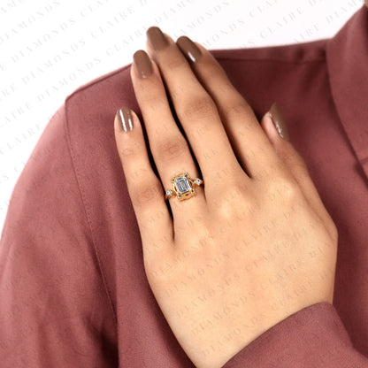 Emerald Cut Three Stone Bezel Set Lab Grown Diamond Engagement Ring | Yellow Gold Bezel Ring with Round Side Diamonds | Sculpted Luxury Bridal Ring