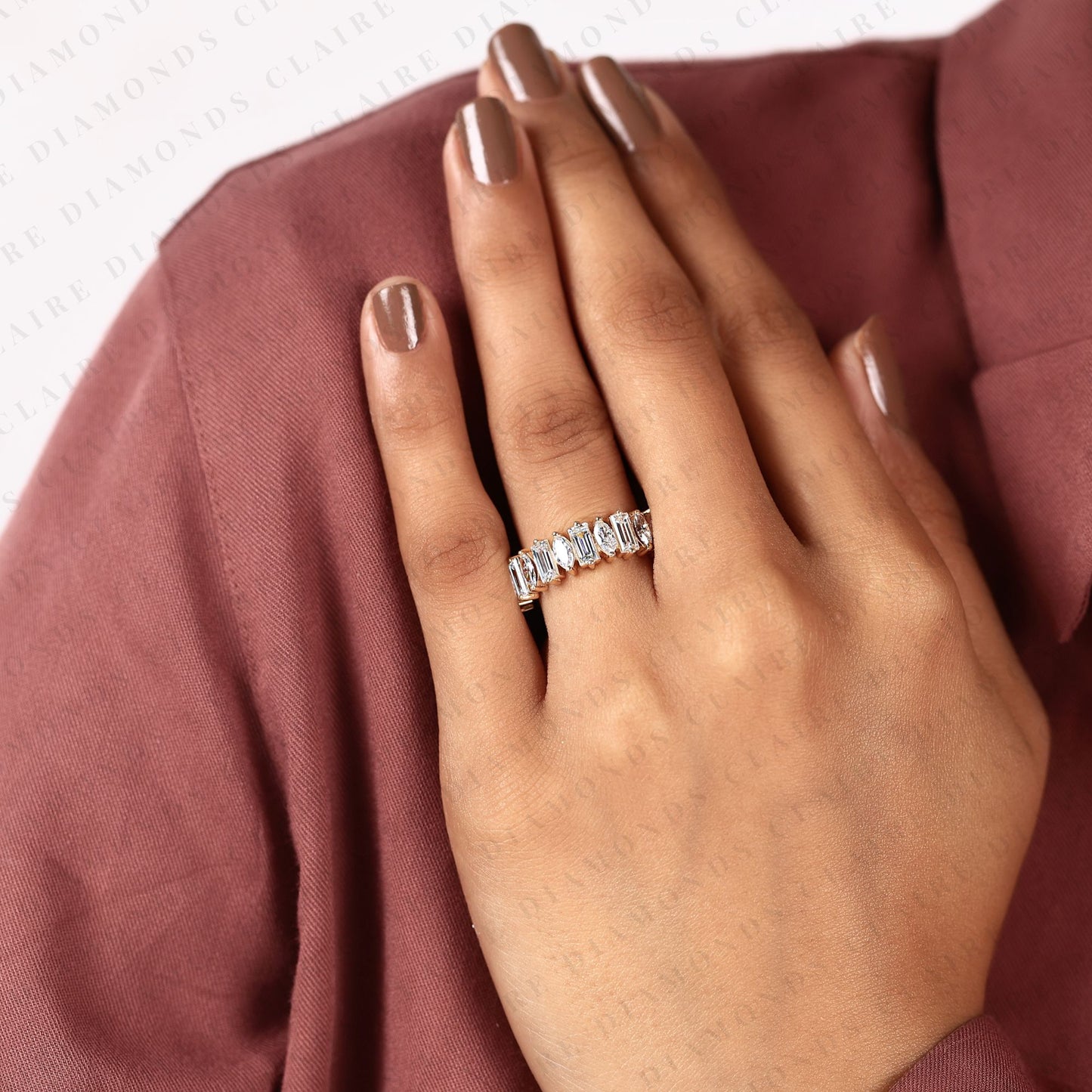 2.10 tcw baguette & marquise lab grown diamond half eternity band ring, alternating wedding anniversary band