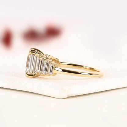 Emerald Cut Moissanite Diamond Engagement Ring in Yellow Gold | Side Stone Baguette Diamond Wedding Ring | Luxury Anniversary Ring for Women