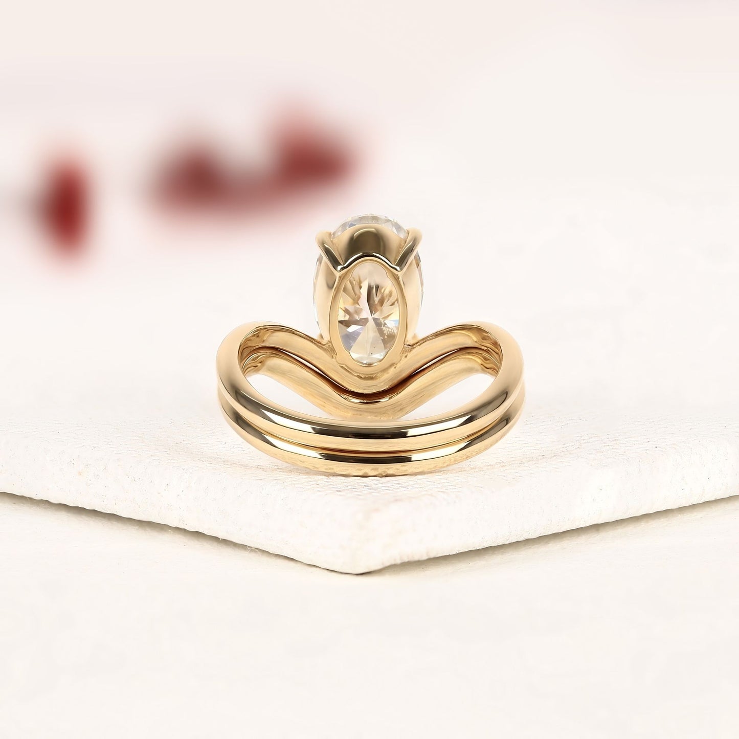 curved chevron wedding band set with elongated oval cut moissanite diamond ring | vintage v-shaped bridal set | unique anniversary ring for women