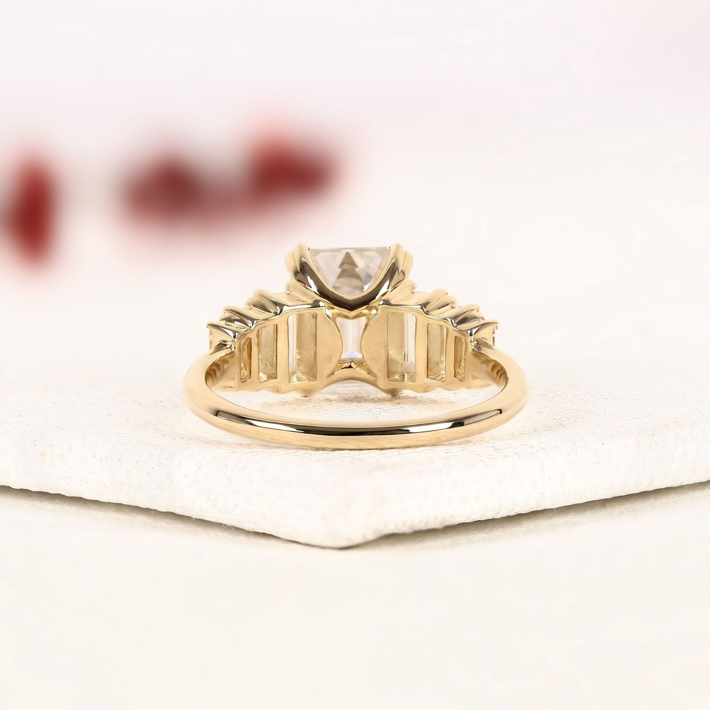 emerald cut moissanite diamond engagement ring in yellow gold | side stone baguette diamond wedding ring | luxury anniversary ring for women