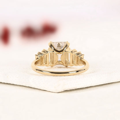 Emerald Cut Moissanite Diamond Engagement Ring in Yellow Gold | Side Stone Baguette Diamond Wedding Ring | Luxury Anniversary Ring for Women