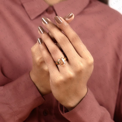 Radiant Cut Pink Moissanite Diamond Engagement Ring, Yellow Gold Pave Band, Unique Wedding Ring for Women