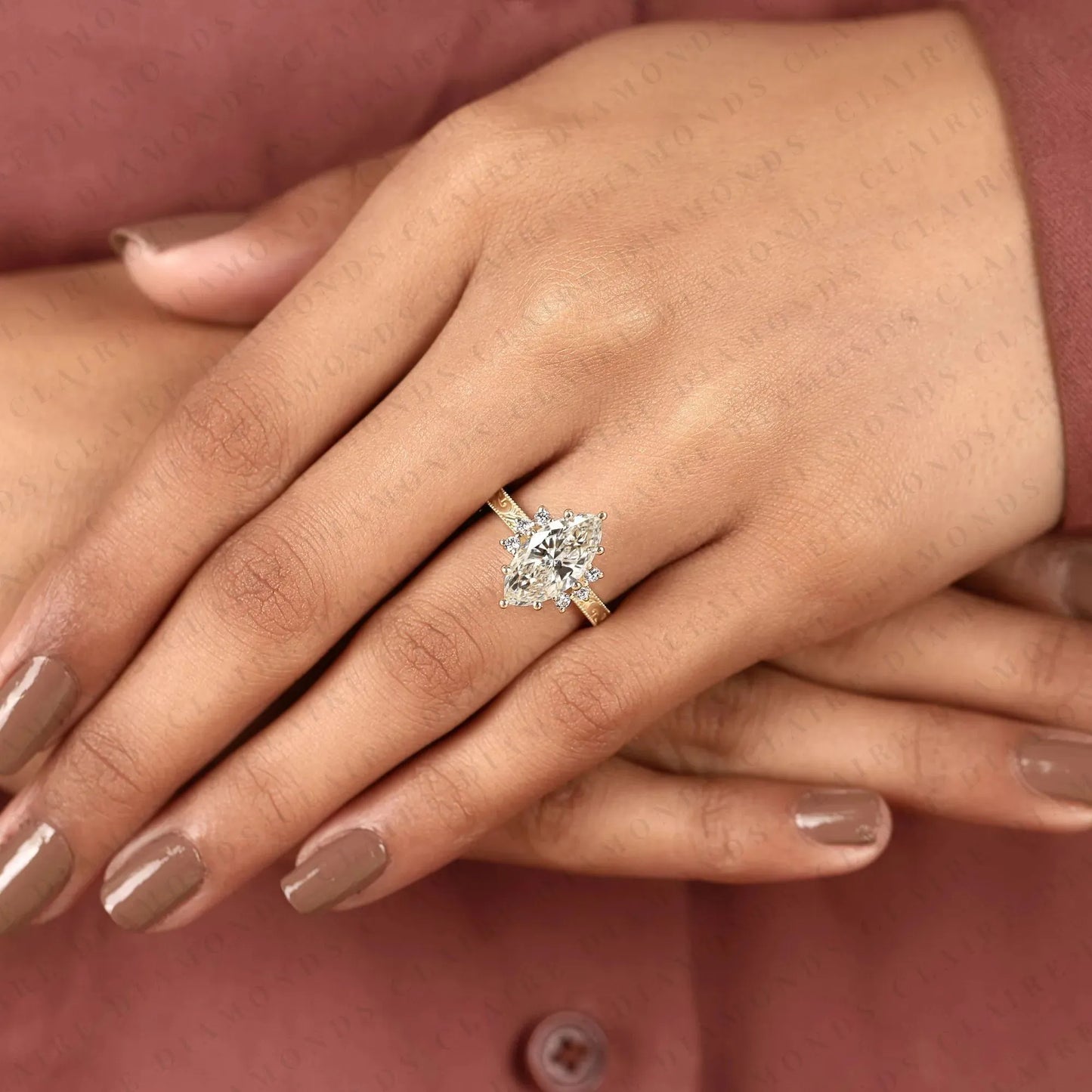 vintage marquise cut lab grown diamond engagement ring engraved gold ring floral halo wedding ring antique inspired bridal ring