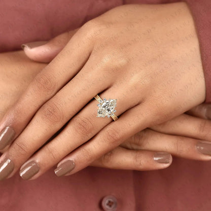 Vintage Marquise Cut Lab Grown Diamond Engagement Ring Engraved Gold Ring Floral Halo Wedding Ring Antique Inspired Bridal Ring