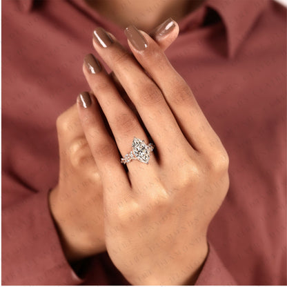 Marquise Cut Moissanite Diamond Engagement Ring with Twisted Vine Pave Band in Rose Gold, Hidden Halo Ring, Vintage Style Ring