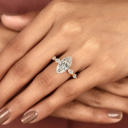 Marquise Cut Lab Grown Diamond Engagement Ring Five Stone Diamond Minimalist Ring