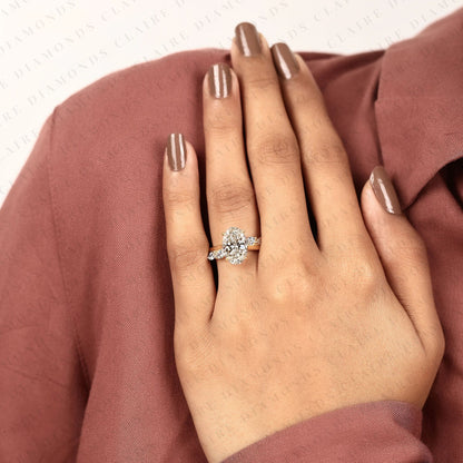 Nature Inspired Oval Cut Lab Grown Diamond Engagement Ring Side Stone Marquise Wedding Ring