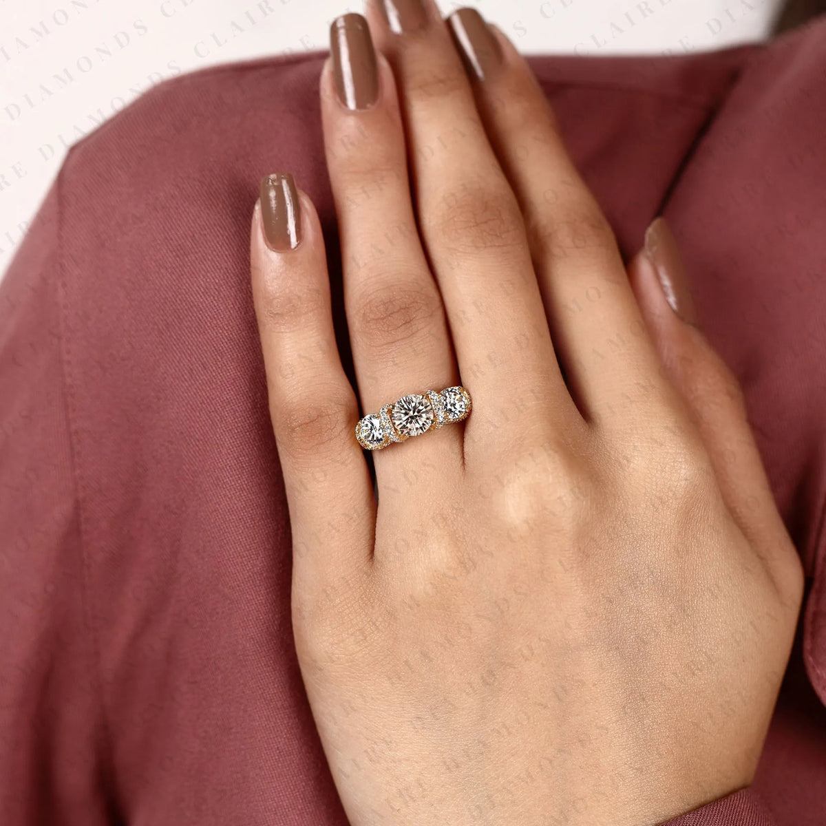 round cut moissanite diamond engagement ring three stone gold ring with diamond accents luxury wedding ring for women